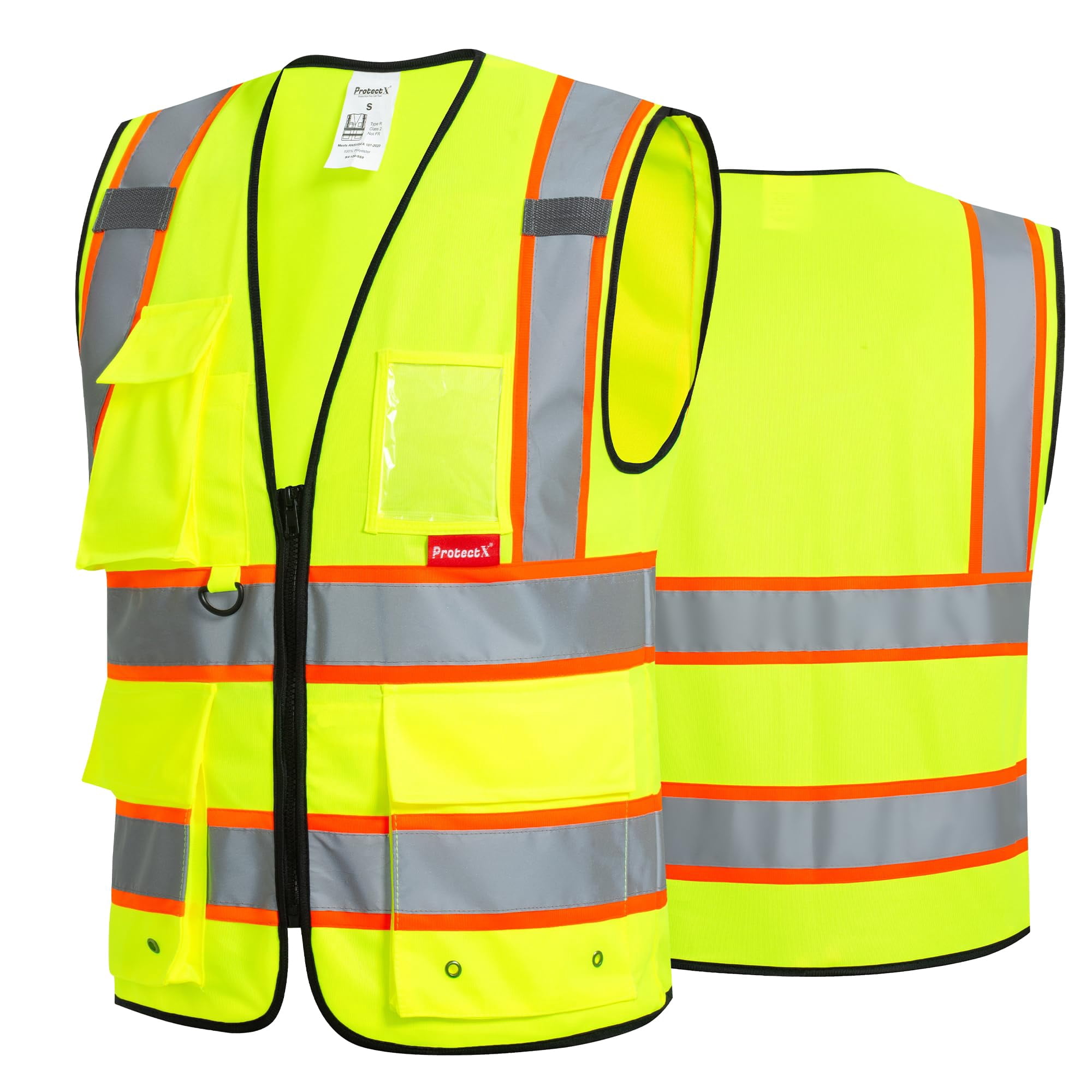 ProtectX Hi Vis Reflective Safety Vest for Men Women High Visibility Construction Work Vest with Pockets Zipper Class 2 Neon Green Large