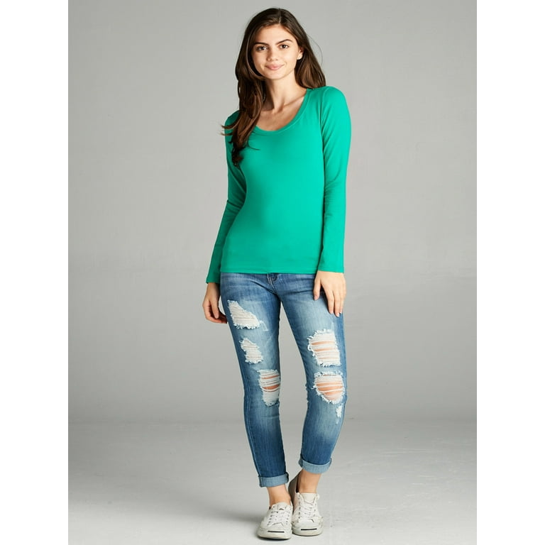 Emmalise Women's Plain Basic Scoop Neck Long Sleeve TShirt Tee - Green  Teal, L