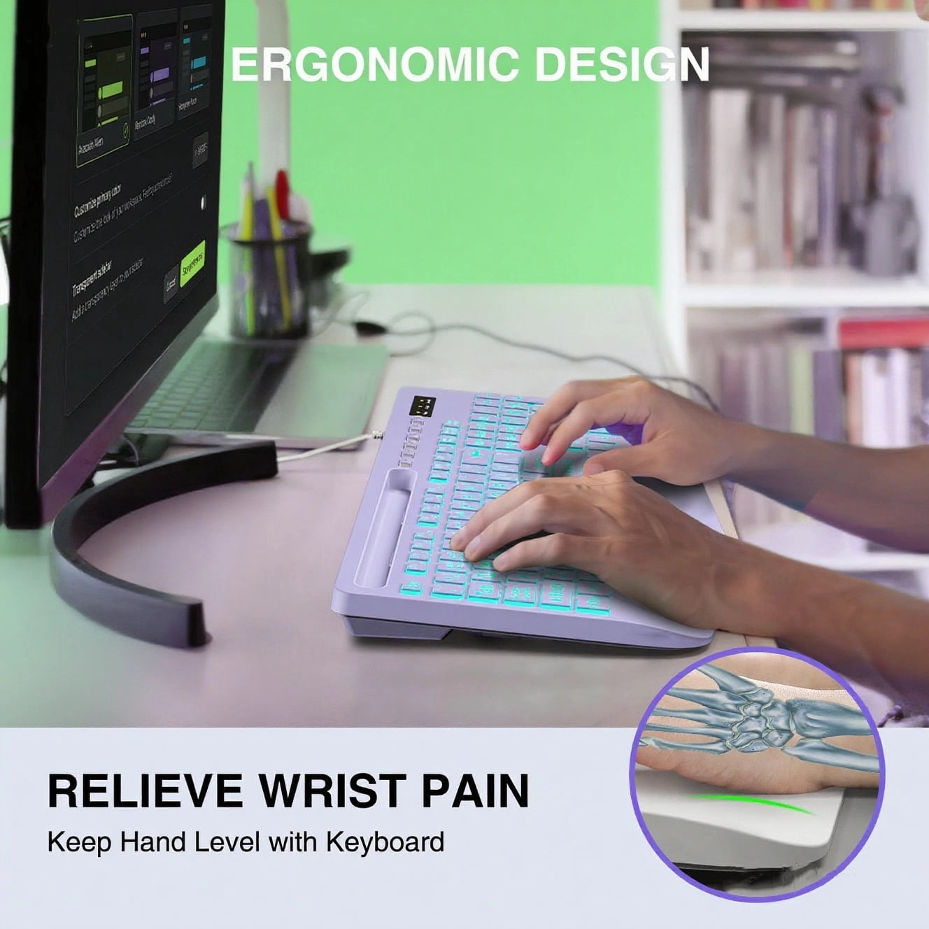 Wagpak Large Print Backlit Wired USB Keyboard (Purple) - with 7-Color Backlight, Wrist Rest, Phone Stand