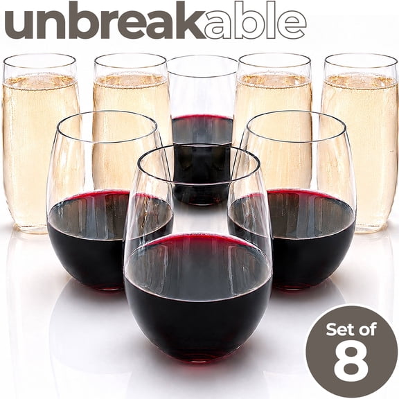 Rowdy Crowd Unbreakable Tritan Plastic Glasses Set of 8 - Wine Tumblers & Champagne Flutes - BPA-Free Dishwasher Safe