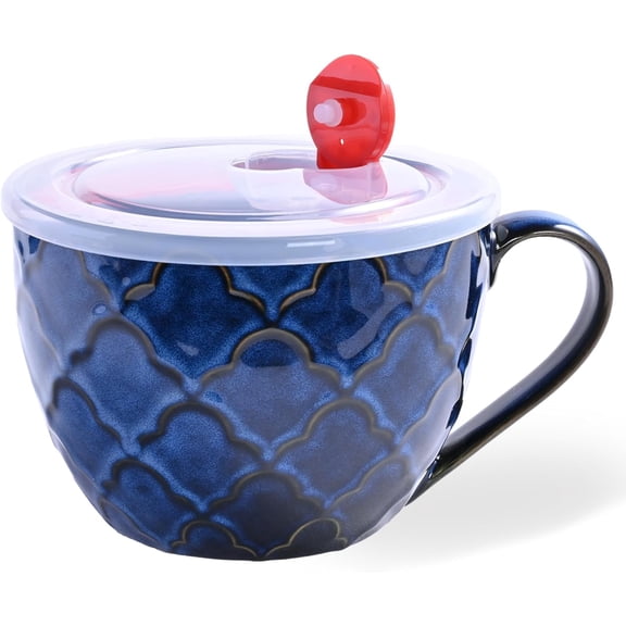 Ceramic Soup Bowl with Handle, 24 oz Microwave Safe Soup Mug/Cup with Lid, Large Ceramic Mug for Coffee, Cereal, Oatmeal, Salad, Ramen, Noodle, Soup, Housewarming Wedding Gift, Reactive Glaze Blue