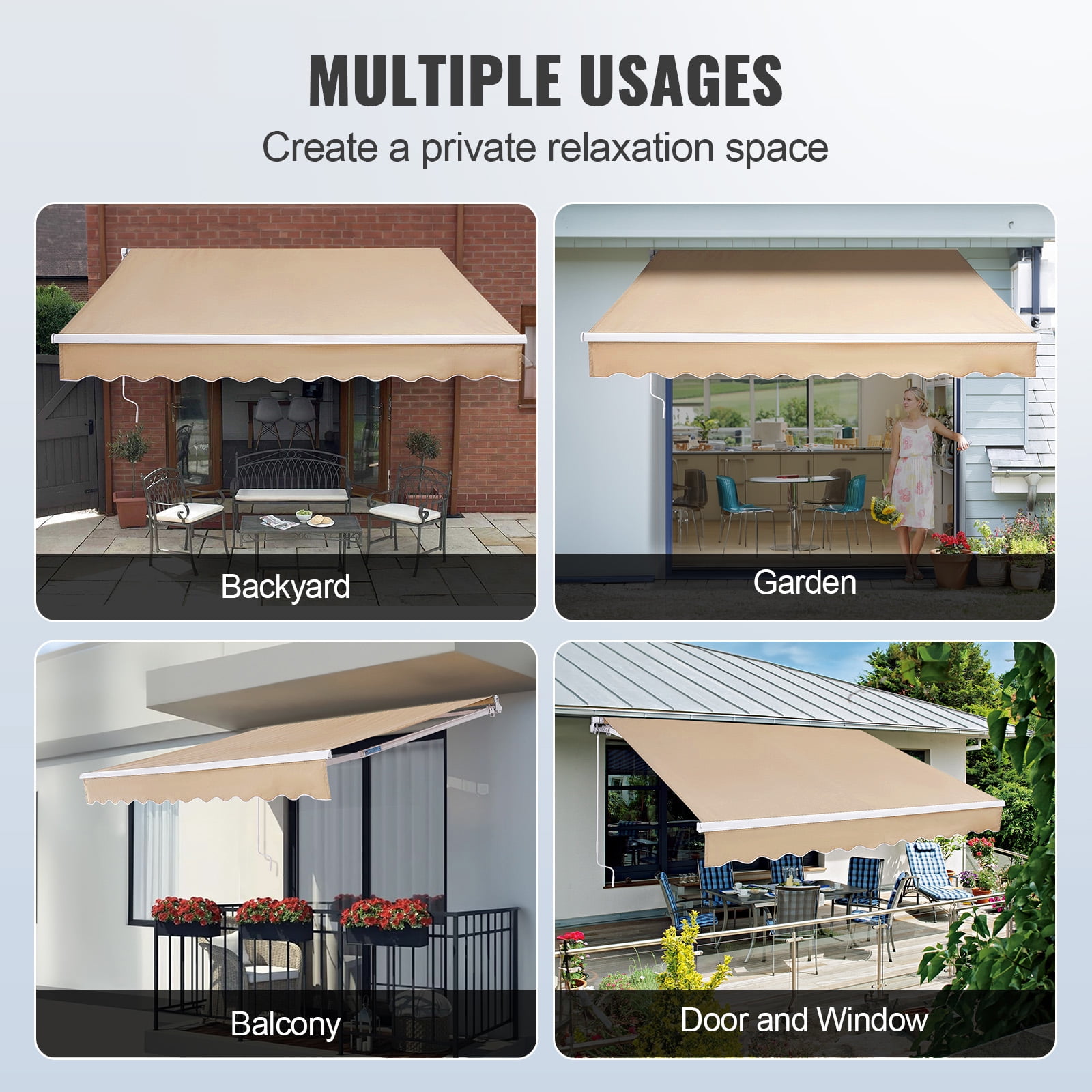 KFFKFF Hand-Operated Retractable Canopy, 12 x 10 ft Exterior Deck Shade, Moisture-Resistant Polyester Terrace Door Window Shade Shelter with Turning Handle for Garden, Veranda