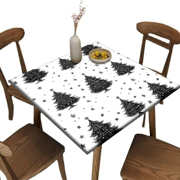 Elastic Small Square Table Cloth, Black and White Christmas Tree Pattern Printed on Washable Picnic Table Cover, Perfect for Parties & Celebrations, Fit for 36" x 36" Square Tables
