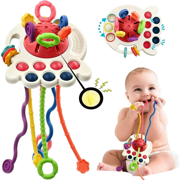 Baby Sensory Toys, Silicone Montessori Pull String Activity Toy with
