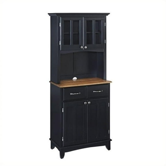 Pemberly Row Black Wood Buffet with Cottage Oak Wood Top and 2-Door Panel Hutch