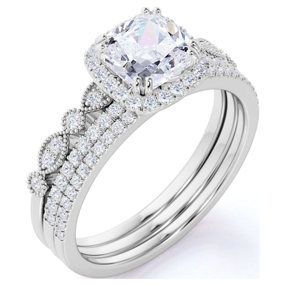 JeenMata Art Deco 1.75 carat Moissanite Wedding Trio Ring Set with Engagement Ring and 2 Wedding Bands in 18k Gold Plating for Women