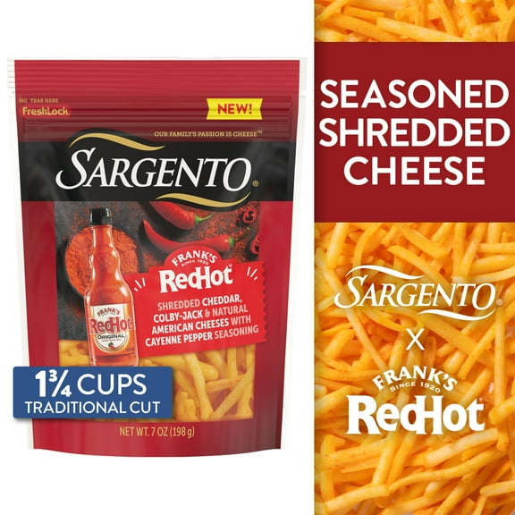 Sargento Frank’s RedHot Natural Cheddar Cheese, Traditional Cut, 7oz, Refrigerated, Plastic Bag