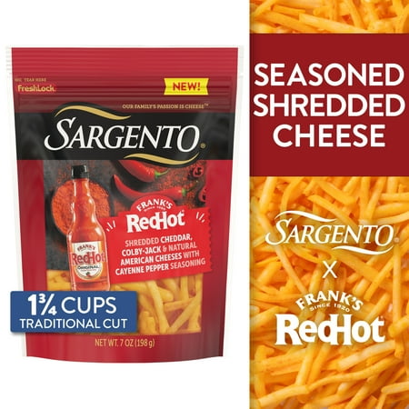 Sargento Frank’s RedHot Natural Cheddar, Colby Jack, and American Shredded Cheese with Cayenne Pepper Seasoning, Traditional Cut, 7 oz