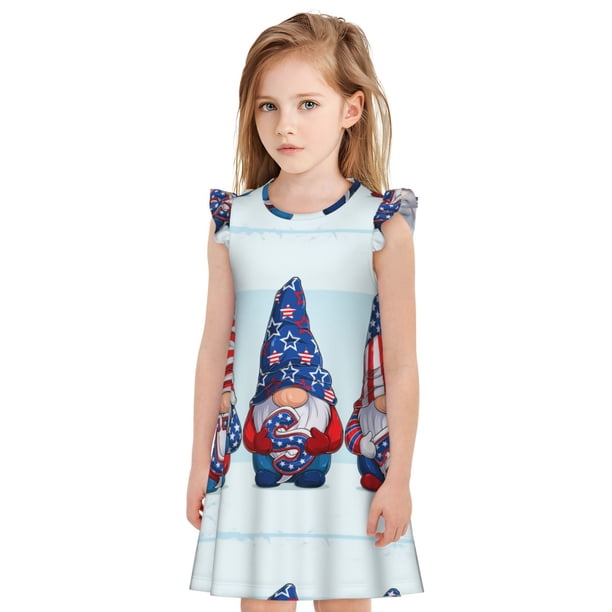Fotbe Cute Gnomes in USA1 Vestido de Dormir para Niñas de 3 a 10 Años, Mangas Cortas, Estilo Princesa, Pijama Camisón con Mangas Voladas-Large