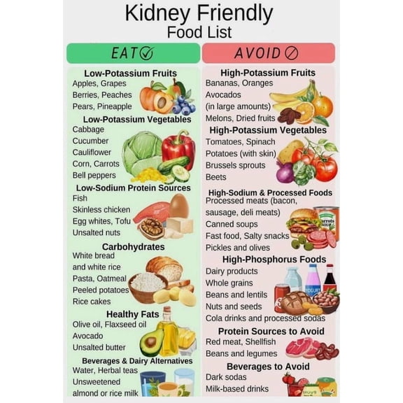 Kidney Friendly Food List Poster  Suitable For Home Kitchen Dining Room Sanatorium Rehabilitation Centre Office Decor poster