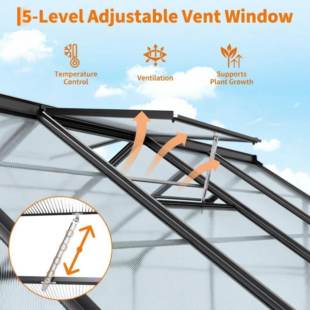 8x10FT Walk-In Aluminum Greenhouse, Heavy Duty Polycarbonate, Quick Setup with Roof Vent & Lockable Door for Backyard/Patio