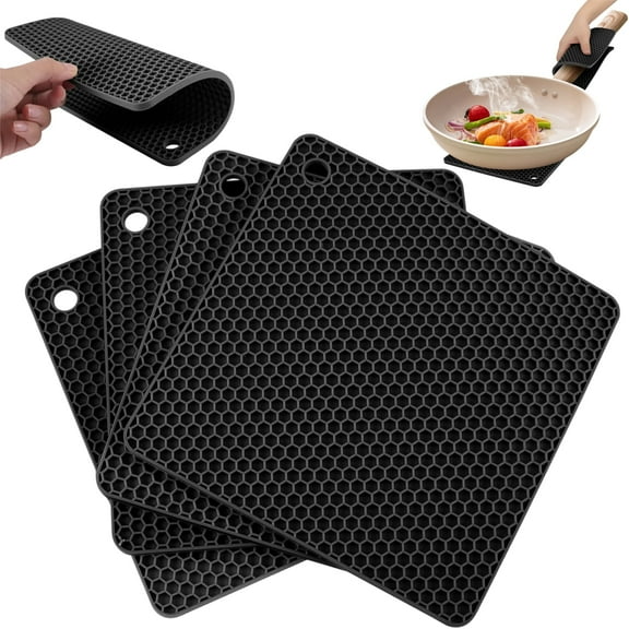 HCZ 4 Pack Silicone Hot Pads, Heat Resistant Trivet Mats and Pot Holders for Kitchen, Non Slip Coasters and Hot Plate Mats, Black