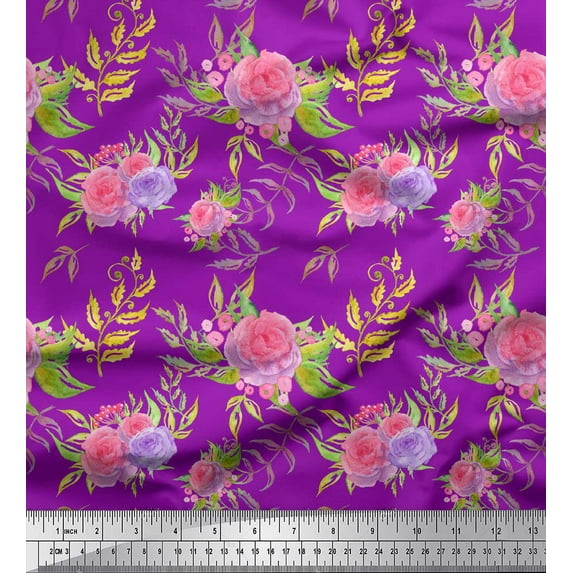 Soimoi Purple Japan Crepe Satin Fabric Leaves & Rose Floral Print Fabric by the Yard 44 Inch Wide