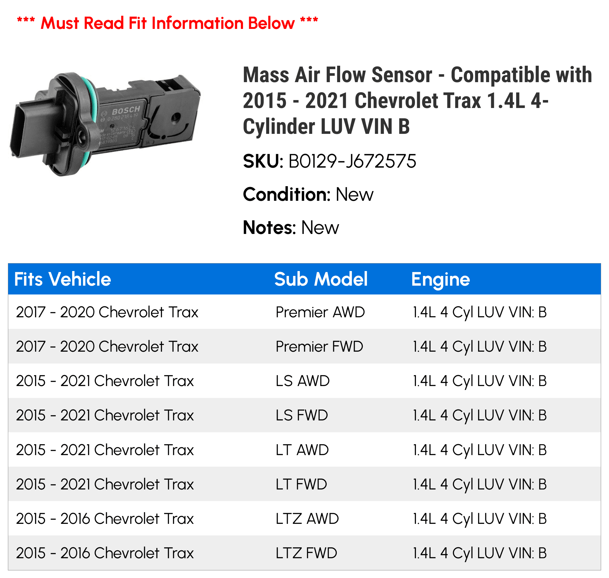 Mass Air Flow Sensor - Compatible with 2015 - 2021 Chevy