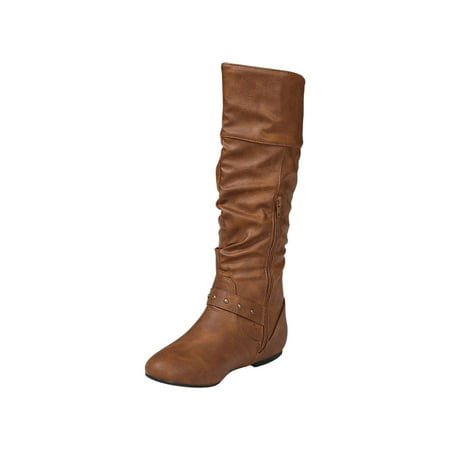 hopeusnice Women s Knee High Boots Faux Leather Buckle Slouchy Flat Boots Side Zipper Comfortable Warm Winter Boots Fall Fashion Shoes Brown 39