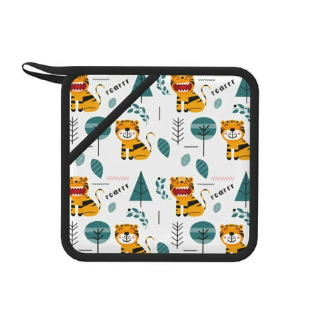 

1 Pc Silicone Anti-Hot Hot Pads Oven Mitts Heat Resistant Pot Holders With Pockets Non Slip Oven Glove Potholder For Kitchen Cooking Bbq Baking 7.1in Cute Tigers And Forests In Scandinavian Style