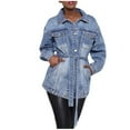 thumbnail image 2 of OSFVNOXV Long Denim Jackets for Juniors with Belt,Fall Trendy Blue Jean Jackets with Multi-Pockets,Stretch Fit Distressed Motorcycle Jackets, 2 of 6