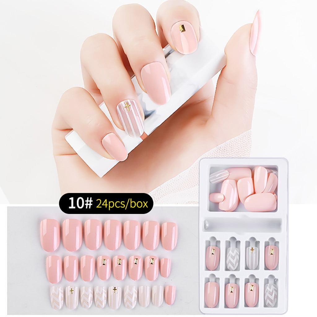 Fake Nails Reusable Stick On Nails Press on Full Cover False Nail Tips 24PC  - Walmart.com