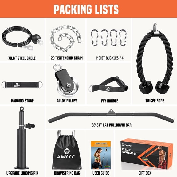 Cable Pulley System Gym with 2-in-1 Lat Bar and Adjustable Steel Rope for Home Workout