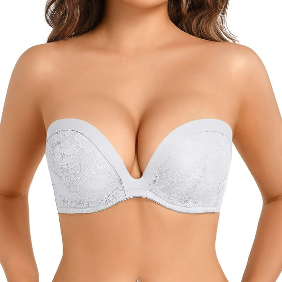 Yandw Strapless Deep V Plunge Push Up Underwire Add 2 cups Convertible Bra with Clear Straps