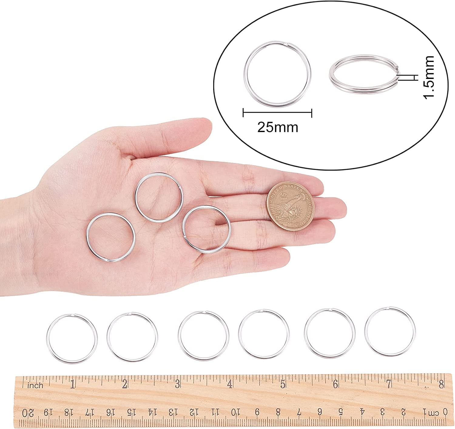 Stainless Steel Key Rings - 5 Pcs ~1inch, 25mm Round Split Key Rings for  Keychains - Surgical Grade Stainless Steel Keychain Rings