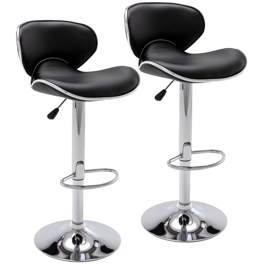Bar Stools Set of 2, Adjustable Swivel Barstools, Modern PU Leather Counter Height Stools with Back and Footrest for Island, Dining, Bistro, Pub (Black/Silver Base)