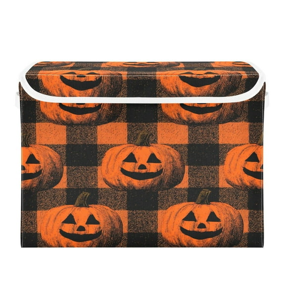 Large Collapsible Storage Box Flip Lid Fabric Decorative Organizer Container Basket with Handles 16.5×12.6×11.8in Orange Striped Smiley Pumpkins