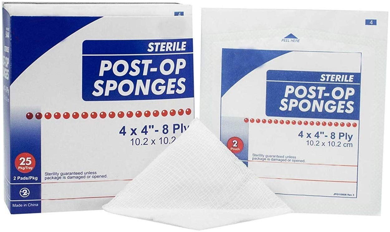 PostOp Sponges 4" x 4". Case of 1200 8ply Gauze Faced Sponge for
