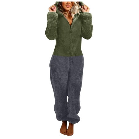 

WOXINDA Women s Artificial Wool Long Sleeve Pajamas Casual Solid Color Zipper Loose Hooded Jumpsuit Pajamas Casual Winter Warm Rompe Cute Ears Sleepwear Mid Weight Womens Jacket