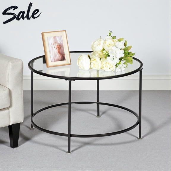 Tcbosik Round Glass Coffee Tables for Living Room, 26" Modern Accent Circle Center Table with Tempered Glass Top and Black Metal Frame, for Small Space, Bedroom, Home Office