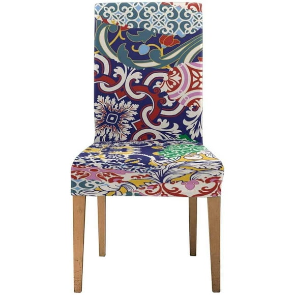 POGLIP Azulejos Tiles Patchwork Stretch Chair Cover Protector Seat Slipcover for Dining Room Hotel Wedding Party Set of 1