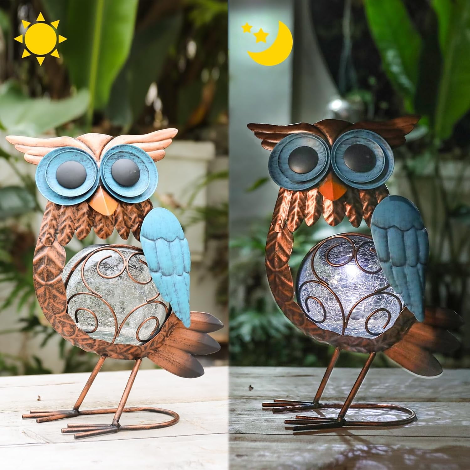 Outdoor Statue,Solar Owl Statue: Crackle Glass Globe Light, Metal Garden Sculpture for Lawn Porch Patio Outside Garden Decor