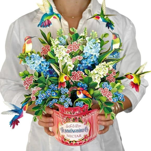 Tarjetas emergentes de papel Freshcut, Oasis de colibrí, ramo de flores para siempre de tamaño real de 12 pulgadas, tarjeta de felicitación emergente 3D, tarjetas de cumpleaños, tarjeta de agradecimie
