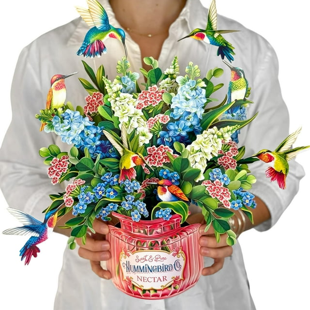 Tarjetas emergentes de papel Freshcut, Oasis de colibrí, ramo de flores para siempre de tamaño real de 12 pulgadas, tarjeta de felicitación emergente 3D, tarjetas de cumpleaños, tarjeta de agradecimie