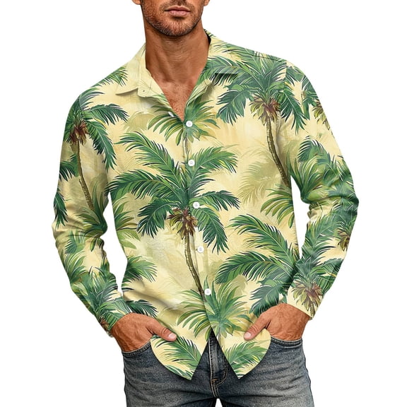 Fgvctg Men's Hawaiian Shirt Tropical Floral Print Summer Beach Shirt Plus Size Button Down Long Sleeve Shirts Casual Trendy Holiday Outfits Light Green S