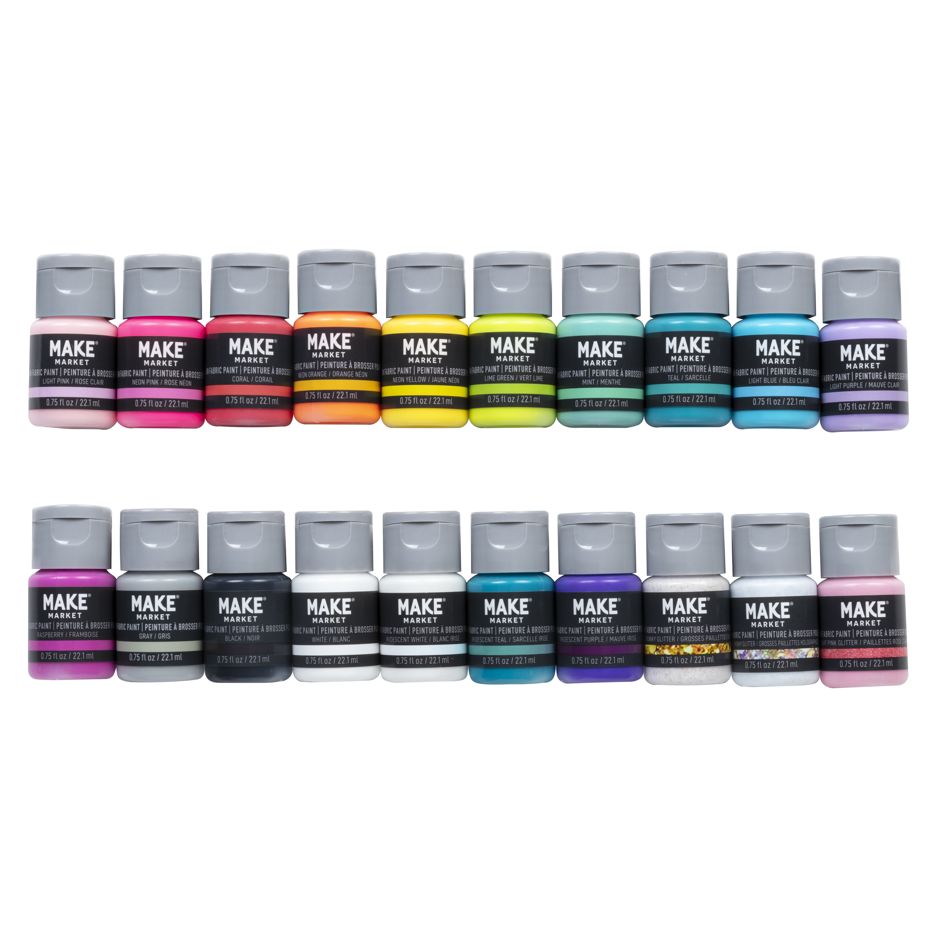 Pastel Brush-On Fabric Paint Set by Make Market – Water-Based - Nontoxic - Matte - Iridescent & Glitter Colors - 0.75 fl oz Bottles - 6 Packs