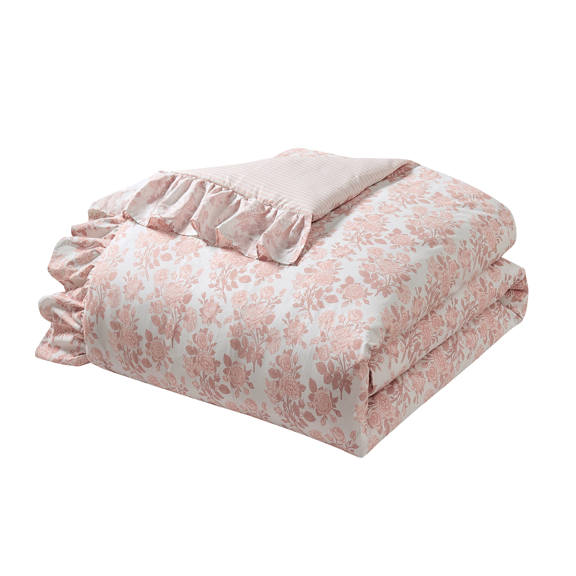 My Texas House 3-Piece Pink Floral Toile Comforter Set with Ruffle Trim, Full/Queen