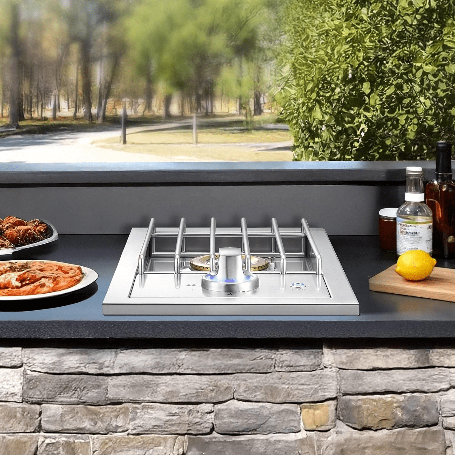 Single Grilling Side Burner, 17,000BTU Liquid Propane Side Burner for Outdoor Kitchen, Convertible to Natural Gas, 304 Stainless Steel Built-in Single Grill Burners with LED for BBQ Grill Island