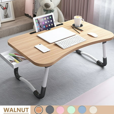 PHANCIR Foldable Lap Desk, 23.6 Inch Portable Wood Laptop Desk Table Workspace Office Organizer Bed Sofa Tray with Slots/Cup Holder/Drawer, Anti-Slip for Reading Writing Eating Watching, Walnut