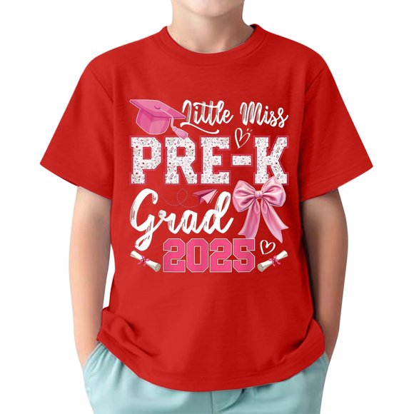 TAIAOJING Boy Girl Versatile T-Shirts Cartoon Bow Letter Printed Short Sleeve O-Neck Casual Tshirts Last Day Of School Top For Infant To Teenager Relaxed Fit Lightweight Daily Wear