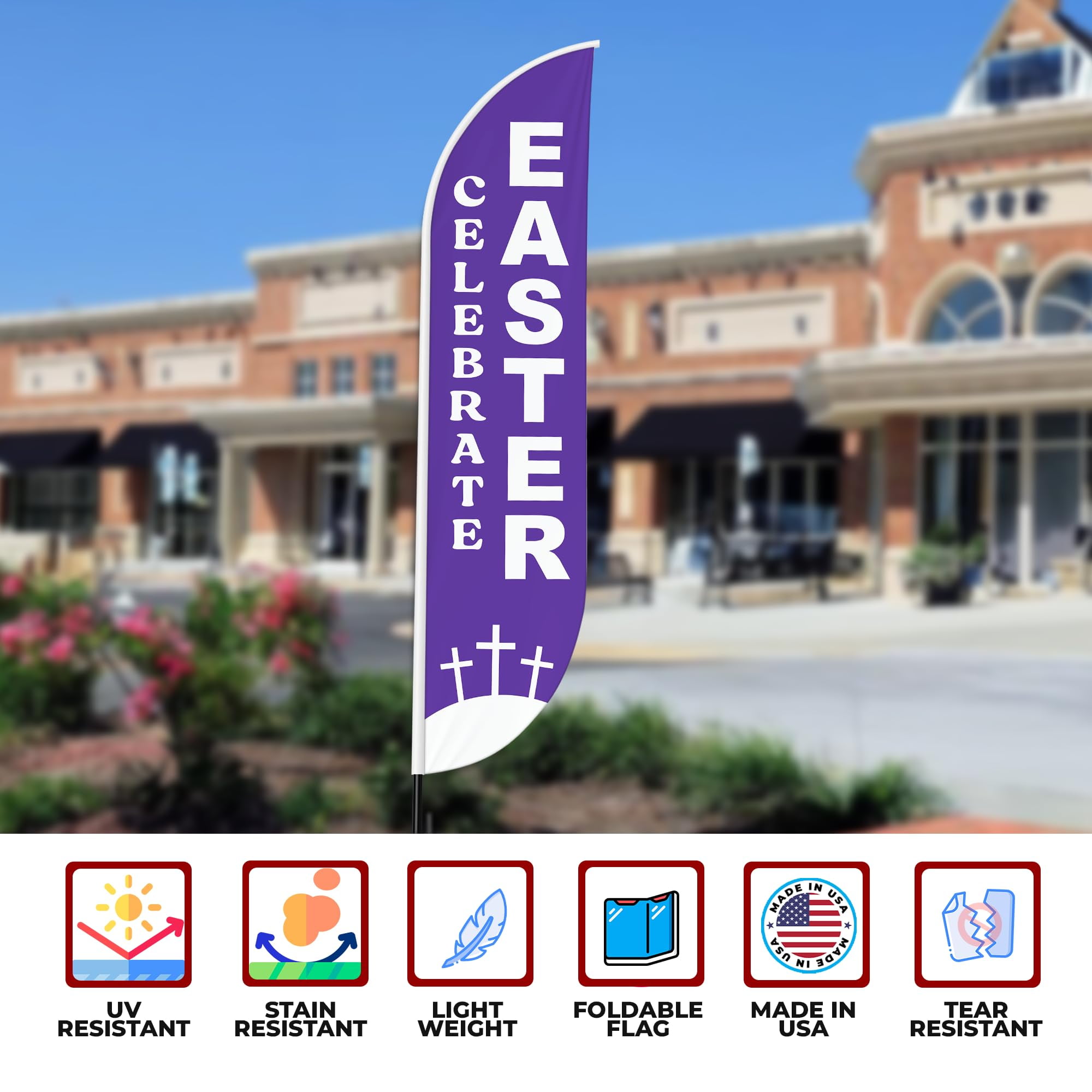 Celebrate Easter Sign feather flag for Outdoor by Mavis Printing | 11.5 FEET Long Polyester Outdoor Banner Flag for Easy Hang | HD Print Swooper I Flag Only to Promote Church ActivityI Flag Only