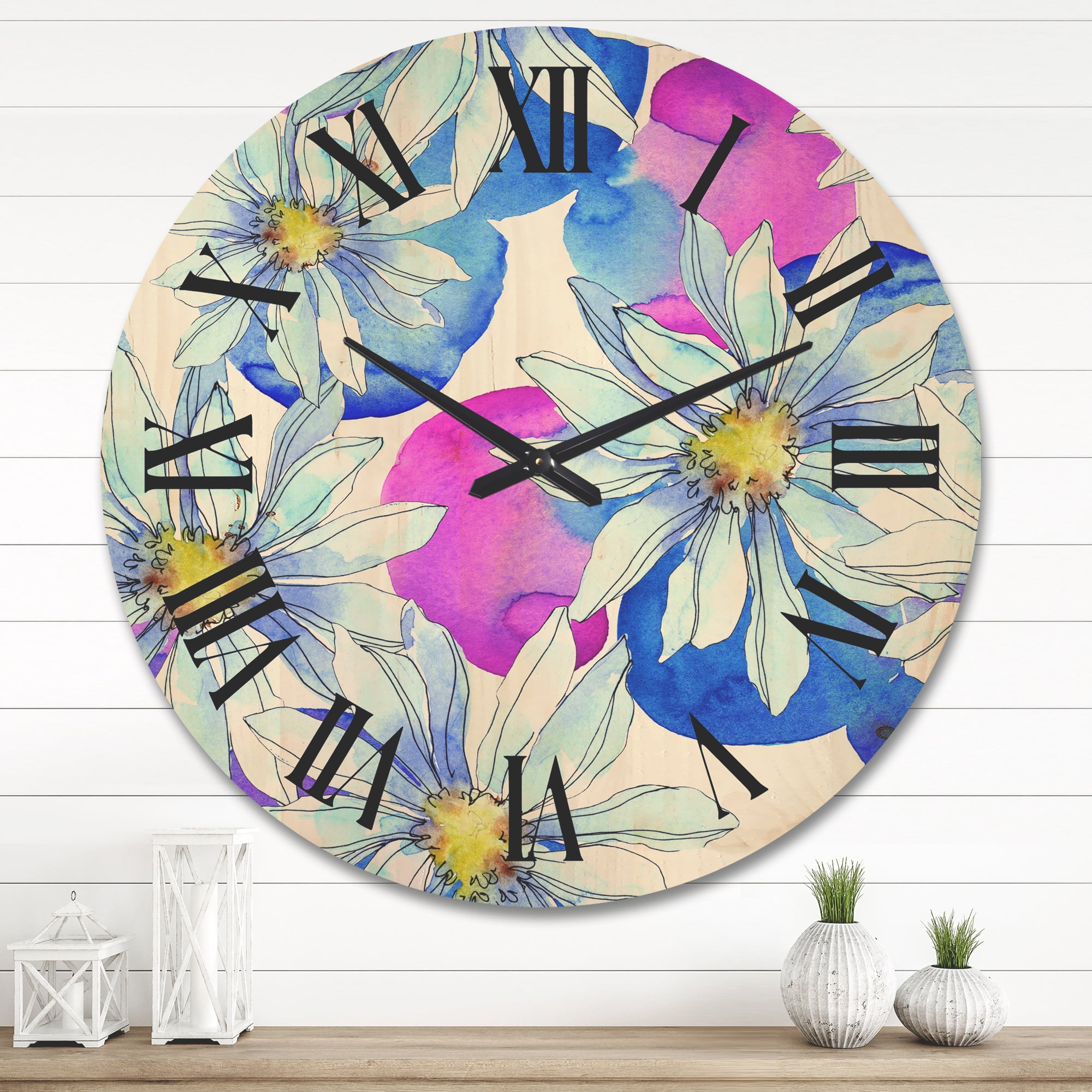 Designart 'Daisies On Red and Blue Backgorund' Traditional Wood Wall Clock