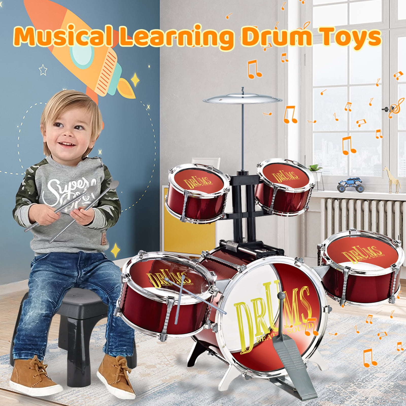 LINXUXIE Upgrade Big Size Kid Drum Set for Toddlers with 5 Jazz Drum Kit & Star Light Musical Instrument Toys,Boys Gils Gifts for Aged 1-3 3-5