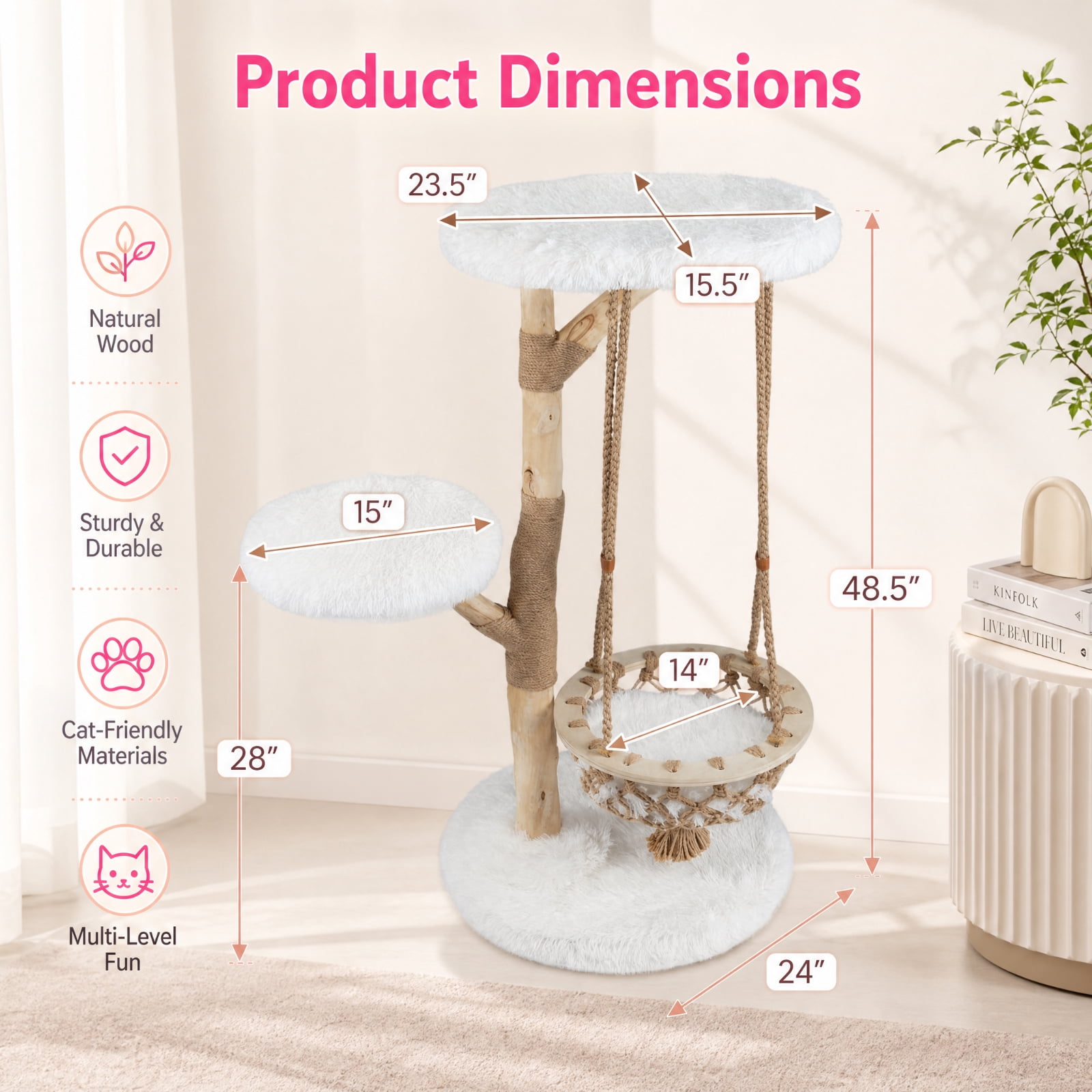 SUGIFT 48.5 Inch Solid Wood Cat Tree with Hanging Cradle, Tall Modern Cat Tree Tower for Large Cats with Jute Post and Plush Perch, Natural and White