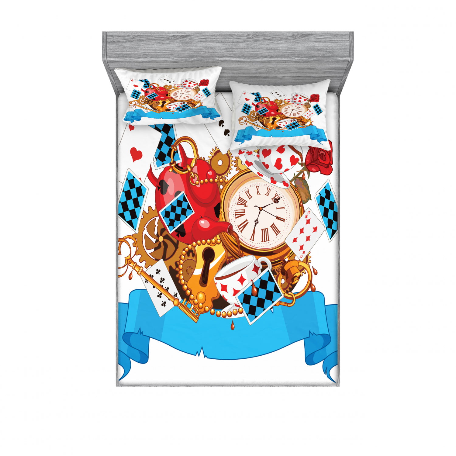 Mad Design of Cards Clocks Tea Pots Keys Flowers Fantasy World Artwork Ambesonne Alice in Wonderland Duvet Cover Set King Size Multicolor Decorative 3 Piece Bedding Set with 2 Pillow Shams