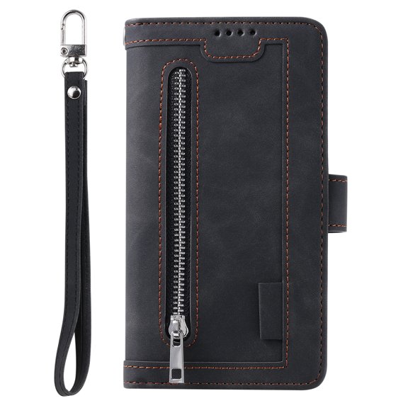 Designed For iPhone 16e Wallet Phone Case,With Card Slots,Zipper Pocket,Flip Folding Kickstand,With Wrist Strap,PU Leather Shockproof Rugged Anti-fall Phone Case Cover,Black