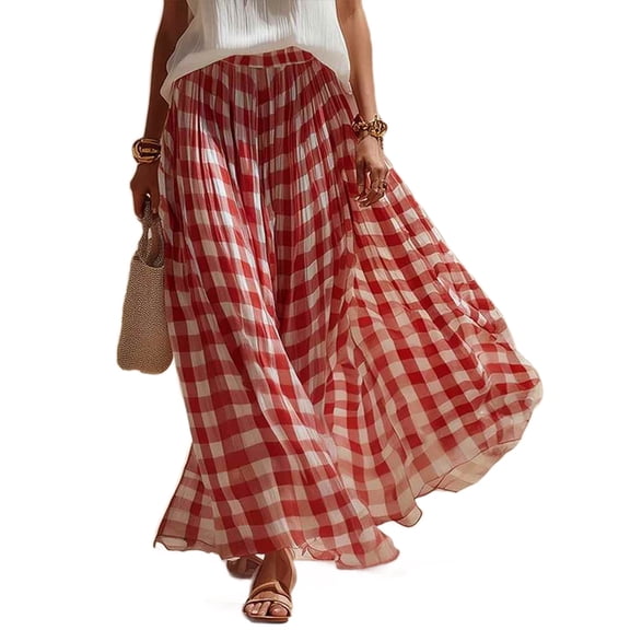XUNKUSGA Skirts for Women Fashion Vintage Plaid High Waist A Line Dresses for Women Summer Chiffon swing Long Skirt Casual Elastic Waist Flowy Women's Skirts,Red,L