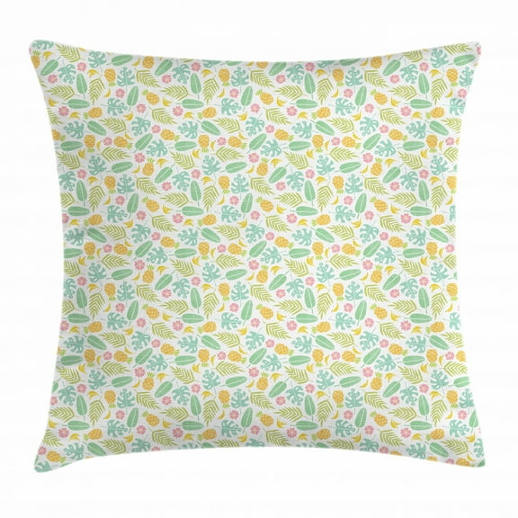 Banana Leaf Throw Pillow Cushion Cover, Equatorial Concept Doodle Soft Pastel Warm Color of Exotic Herbs and Pineapple, Decorative Square Accent Pillow Case, 16 X 16 Inches, Multicolor, by Ambesonne