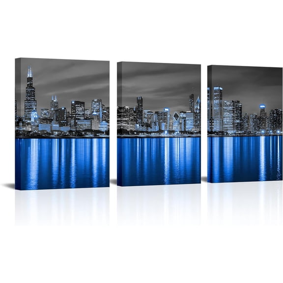 Chicago Wall Art Canvas Blue Chicago City Skyline Pictures Decoration Cityscape Night View Painting Prints Framed Modern Home Living Room Bedroom Decor Ready to Hang