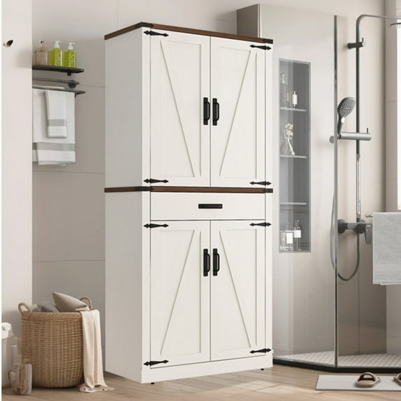 72.4'' Tall Bathroom Storage Cabinet with Drawer & 4 Storage Shelves, Rustic Farmhouse Linen Cabinet with Load-Bearing Steel Pipe & 4 Doors for Bedroom Living Room Kitchen Art/Craft Room